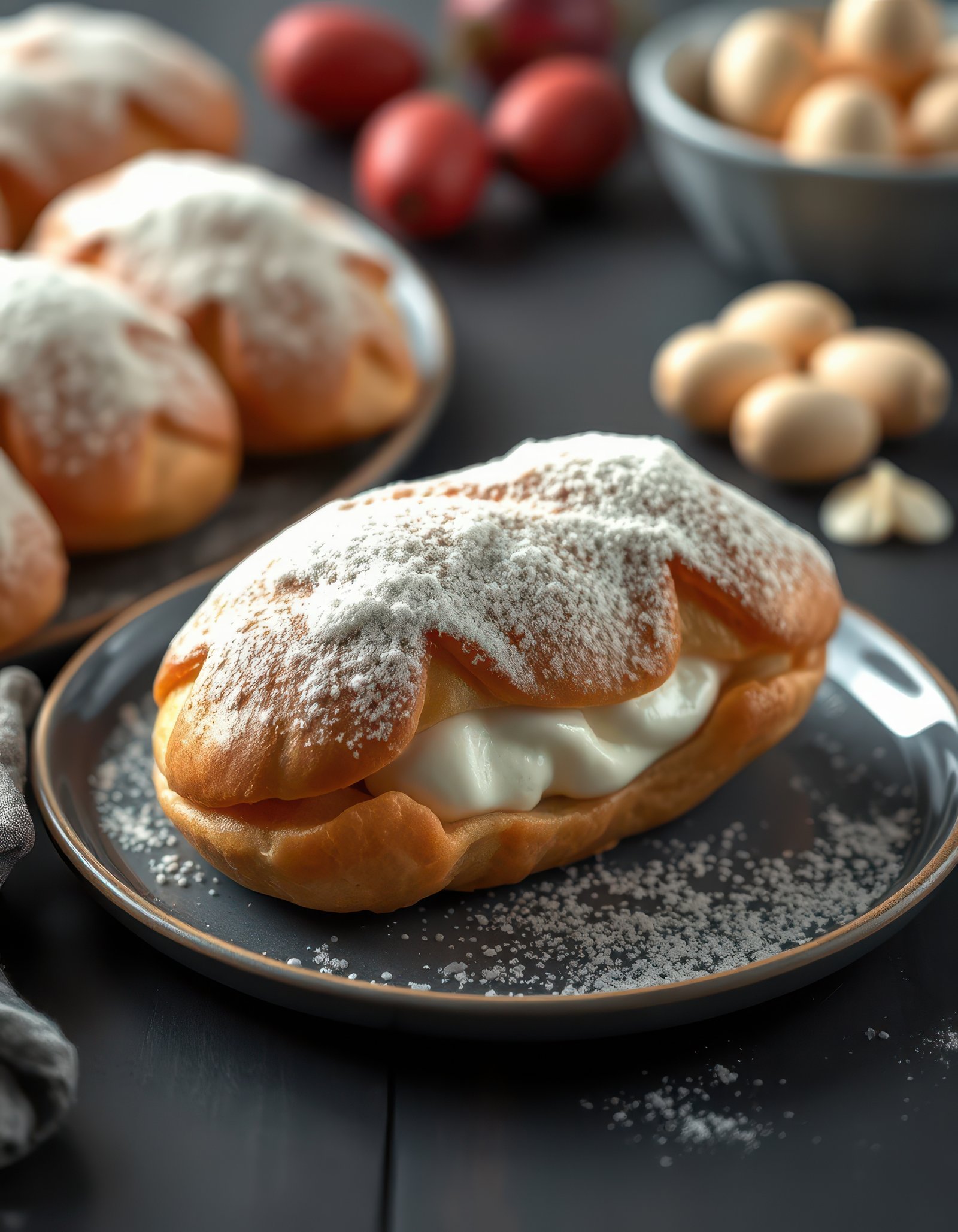 Delicious cream-filled pastries on a dark wooden table with fresh ingredients nearby